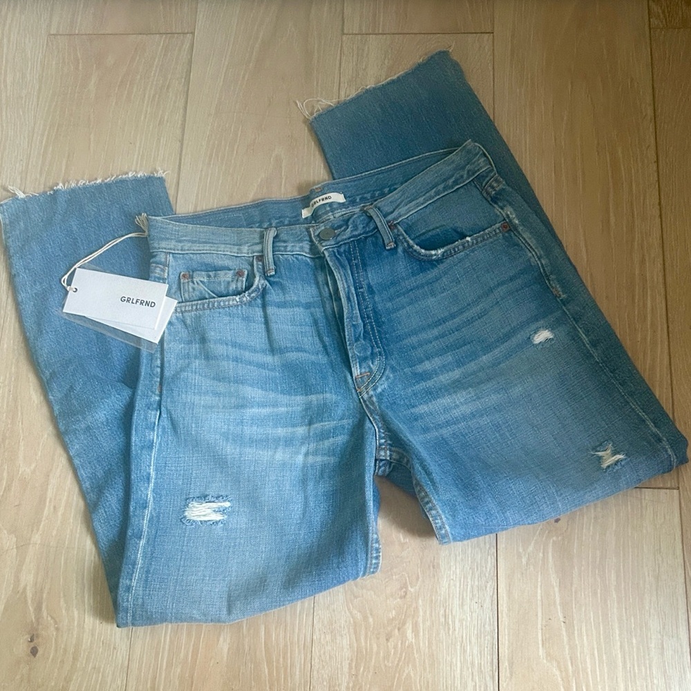 New GRLFRND The Helena Straight Leg Medium Wash Blue Distressed Ankle Denim Jean